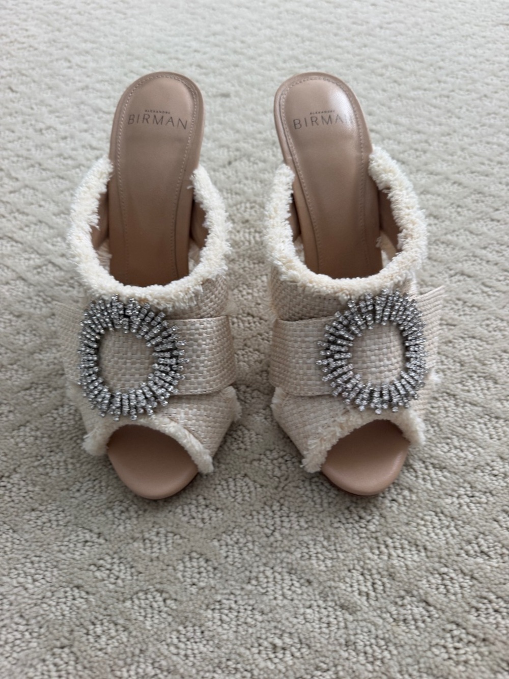 Alexandre Birman Madelina Ivory Raffia Crystal Buckle Heeled Mules EU 37